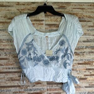 Free People Sky Blue Embroidered Blouse
